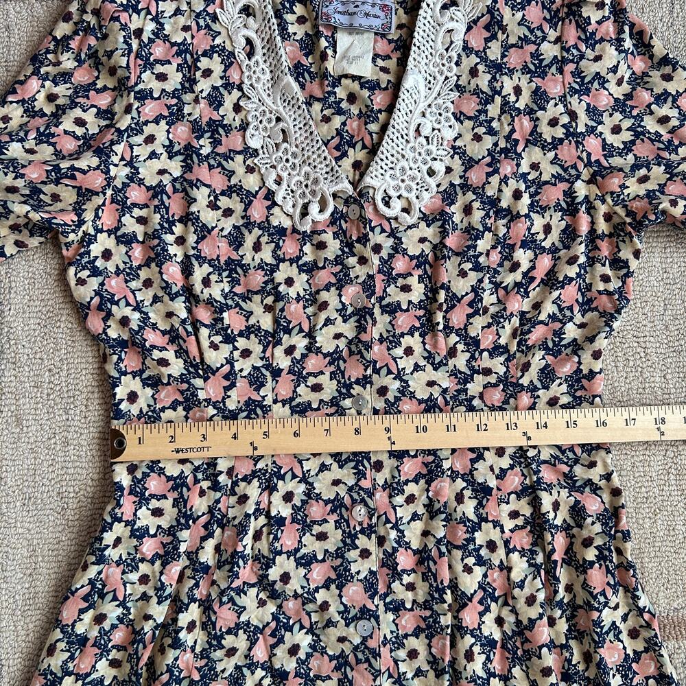 Vintage Floral Button Front Midi Dress Lace Collar Prairie Romantic Womens M - Picture 10 of 12